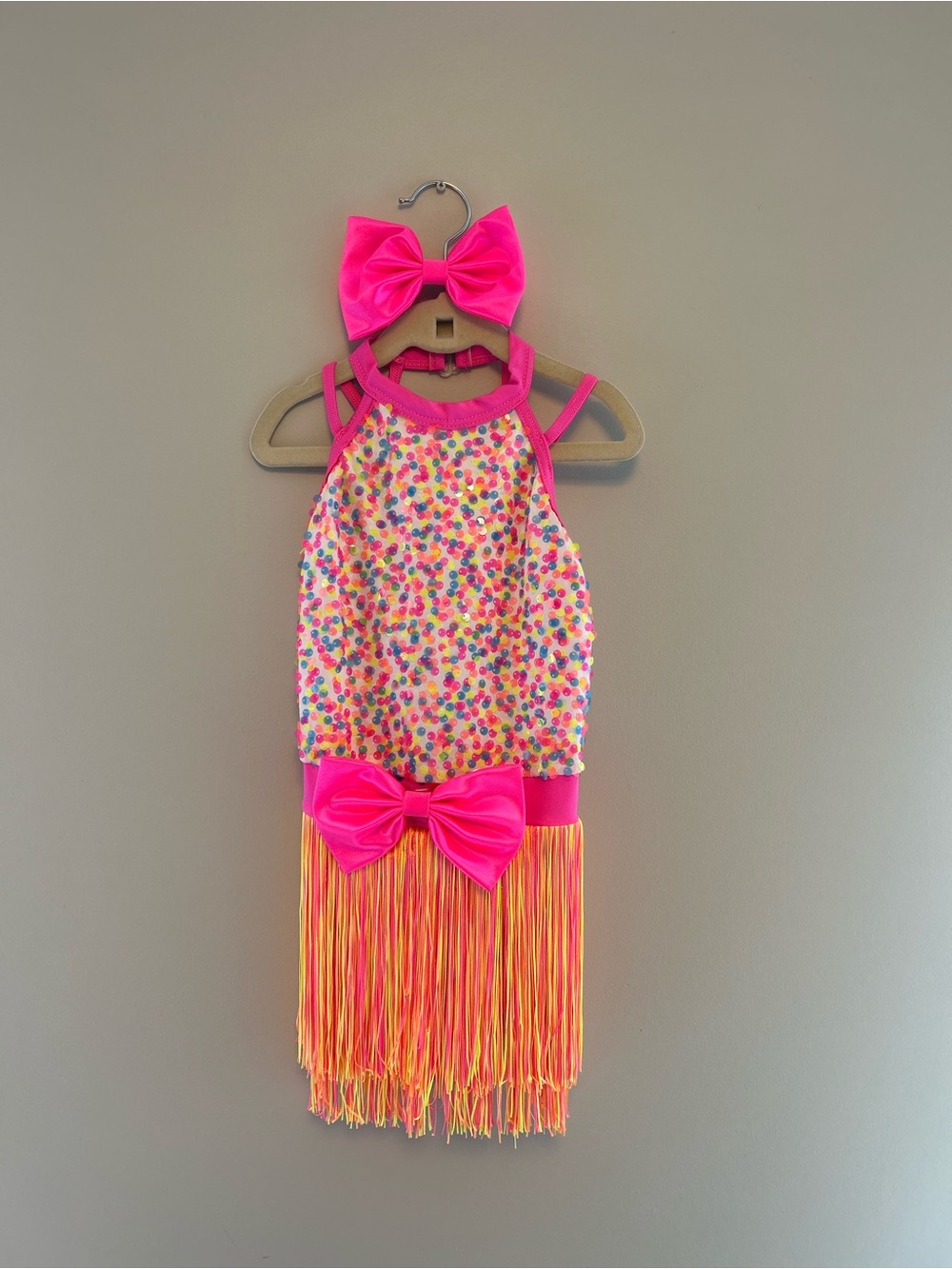Weissman Neon Pink Sequin Fringe Dance Dress with Bows